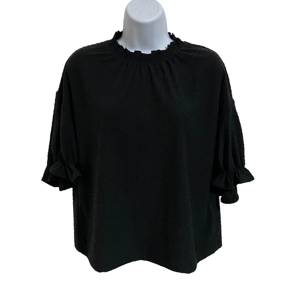 Madewell Clipdot Mock‎ Neck Ruffle Top Black Classic Blouse Short Sleeve Size XS